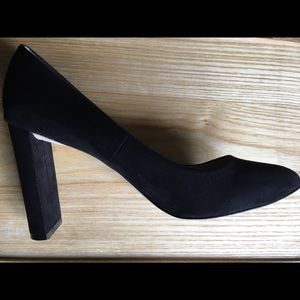 Black block heel faux suede